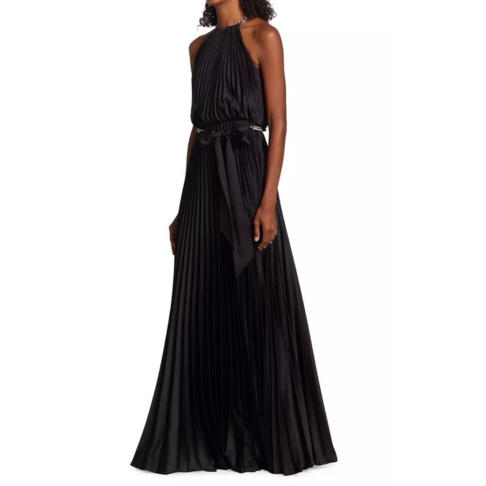 ML Monique Lhuillier Satin Chain-Link Belt Pleated Gown, Black, New, Size 8 - Picture 3 of 12
